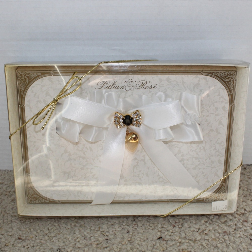 Lillian Rose Garter White Satin Rhinestone Bow Gold Heart Charm Bridal Wedding